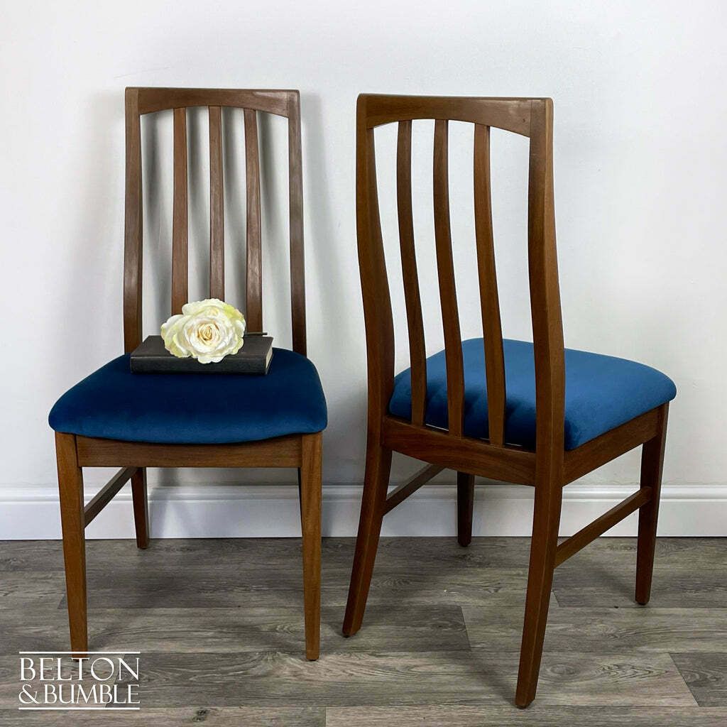 Set Of Four Teak Dining Chairs With Navy Velvet photo Furniture