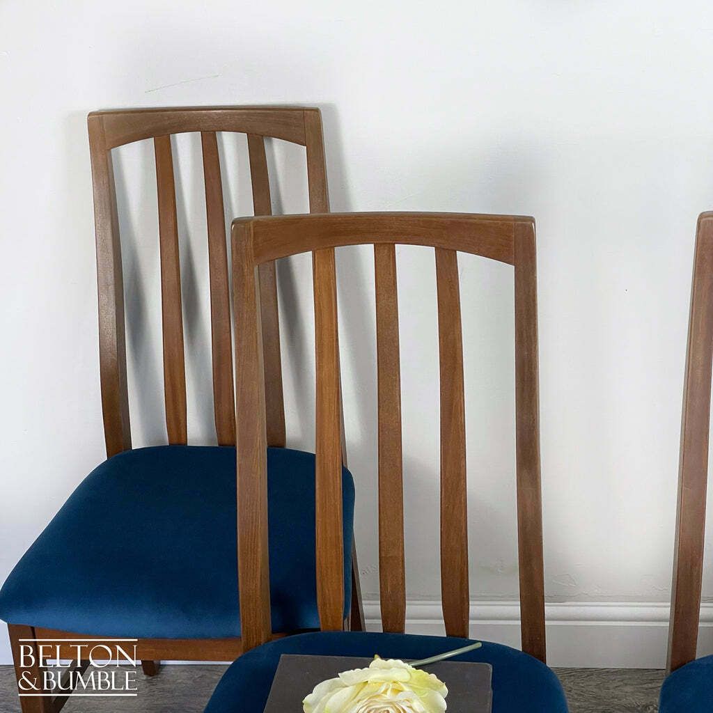 Set Of Four Teak Dining Chairs With Navy Velvet photo vinterior