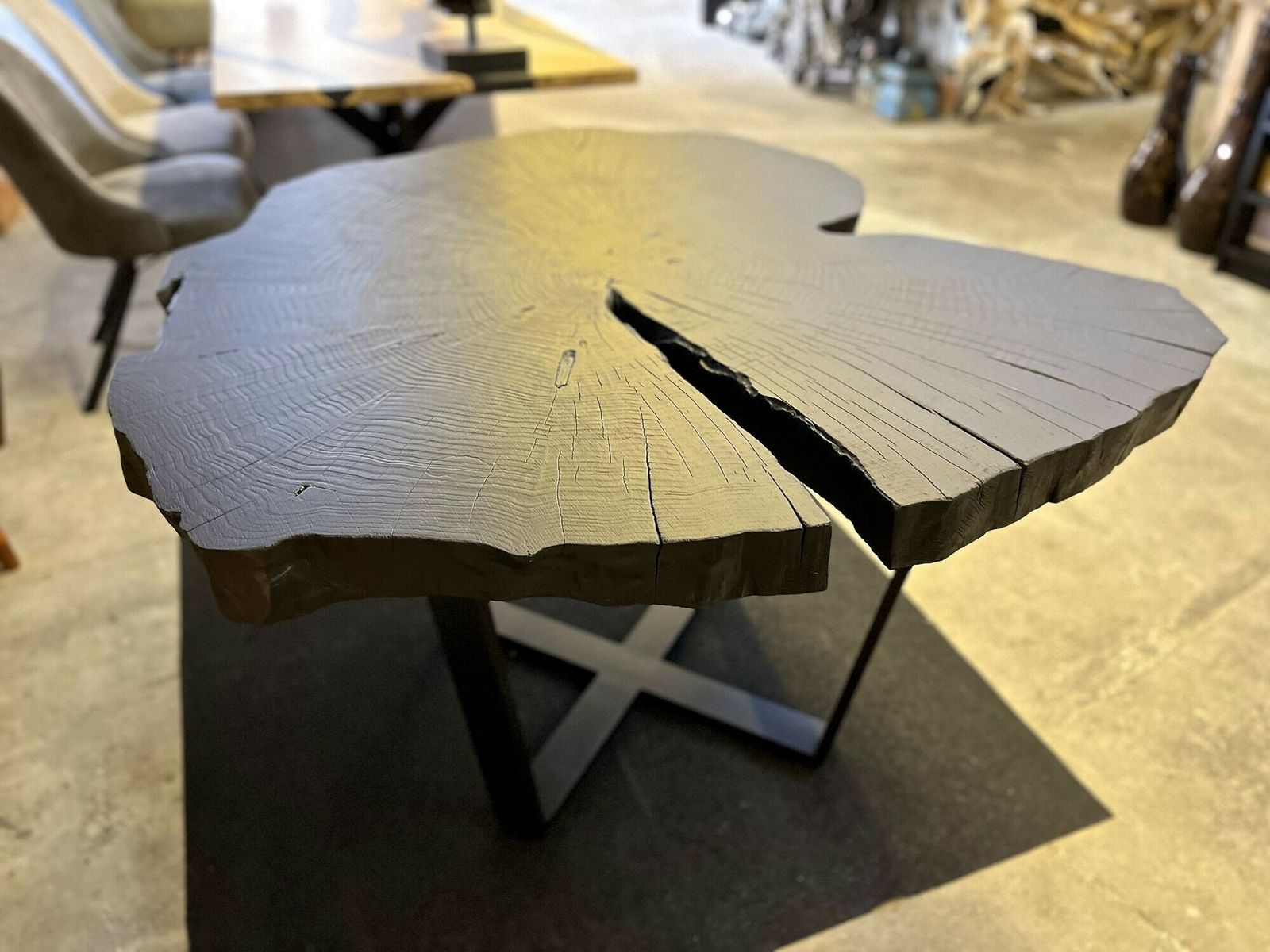 Contemporary Charred Oak Wood Dining Table With Black Steel Base, At 2024 photo vinterior