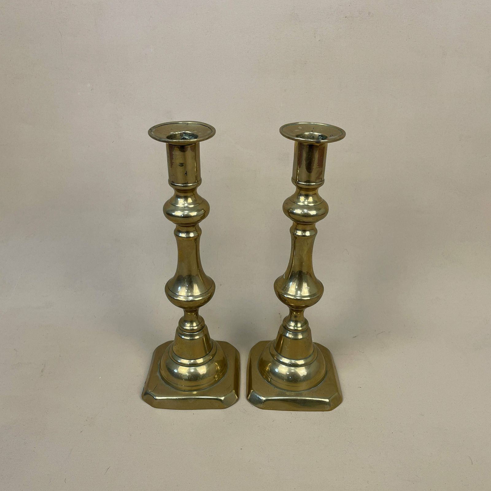 Antique Matching Pair Of Gold Solid Brass Metal Candlestick Candle Stick Vintage Column Taper Dinner Candlesticks Square Base Set Table Top