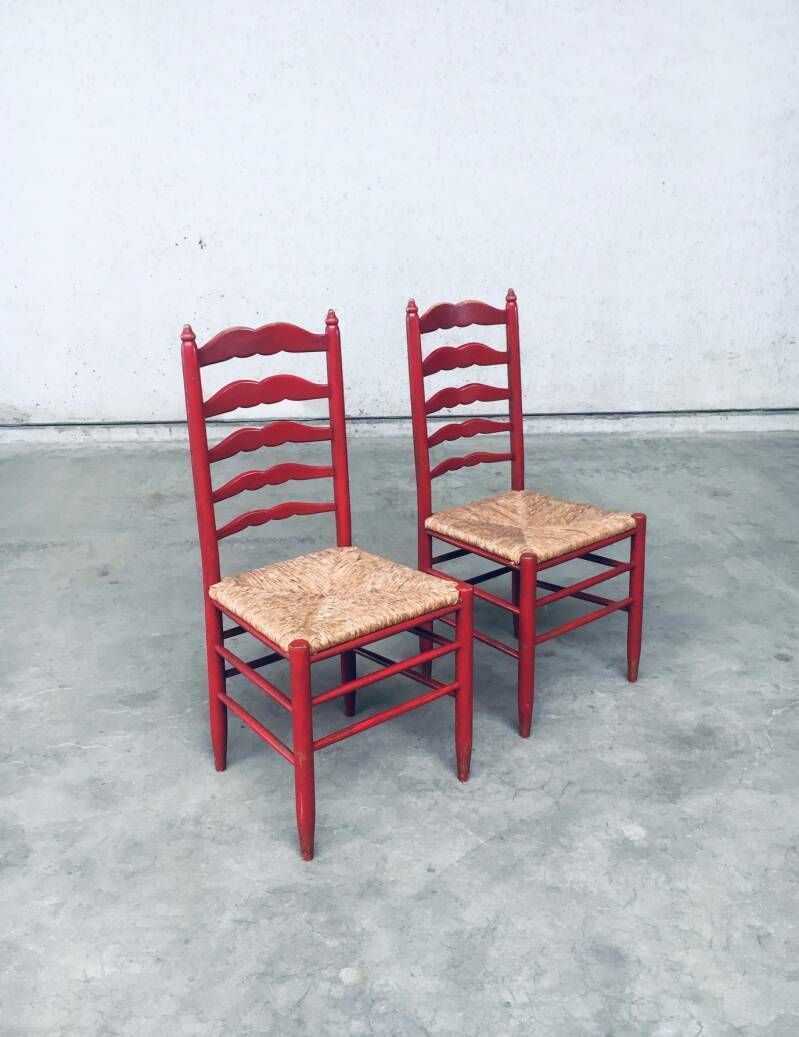 1930's Rustic Red High Ladder Back Wood & Rush Chair Set photo furniture