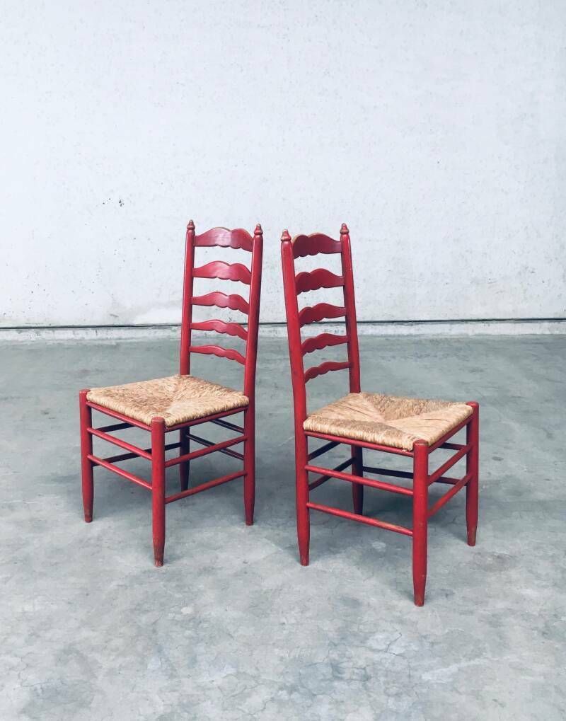 1930's Rustic Red High Ladder Back Wood & Rush Chair Set photo 600.0