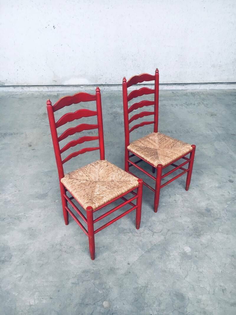 1930's Rustic Red High Ladder Back Wood & Rush Chair Set photo vinterior