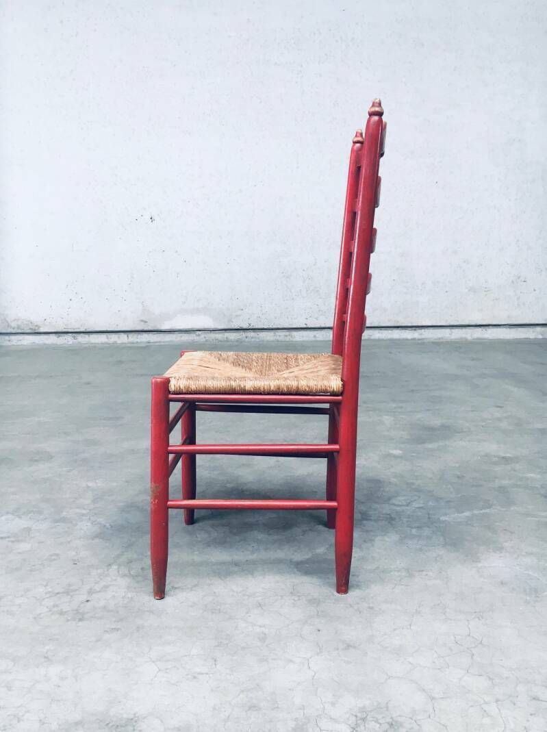 600.0 1930's Rustic Red High Ladder Back Wood & Rush Chair Set photo