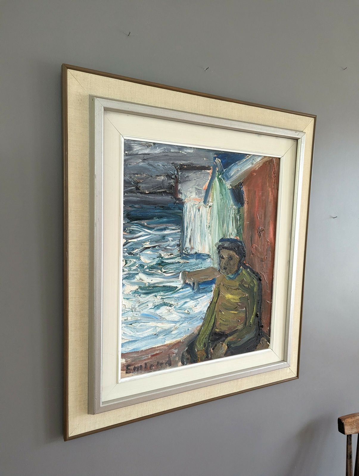 Oil Painting Watching The Waves, Mid 20th Century photo for sale