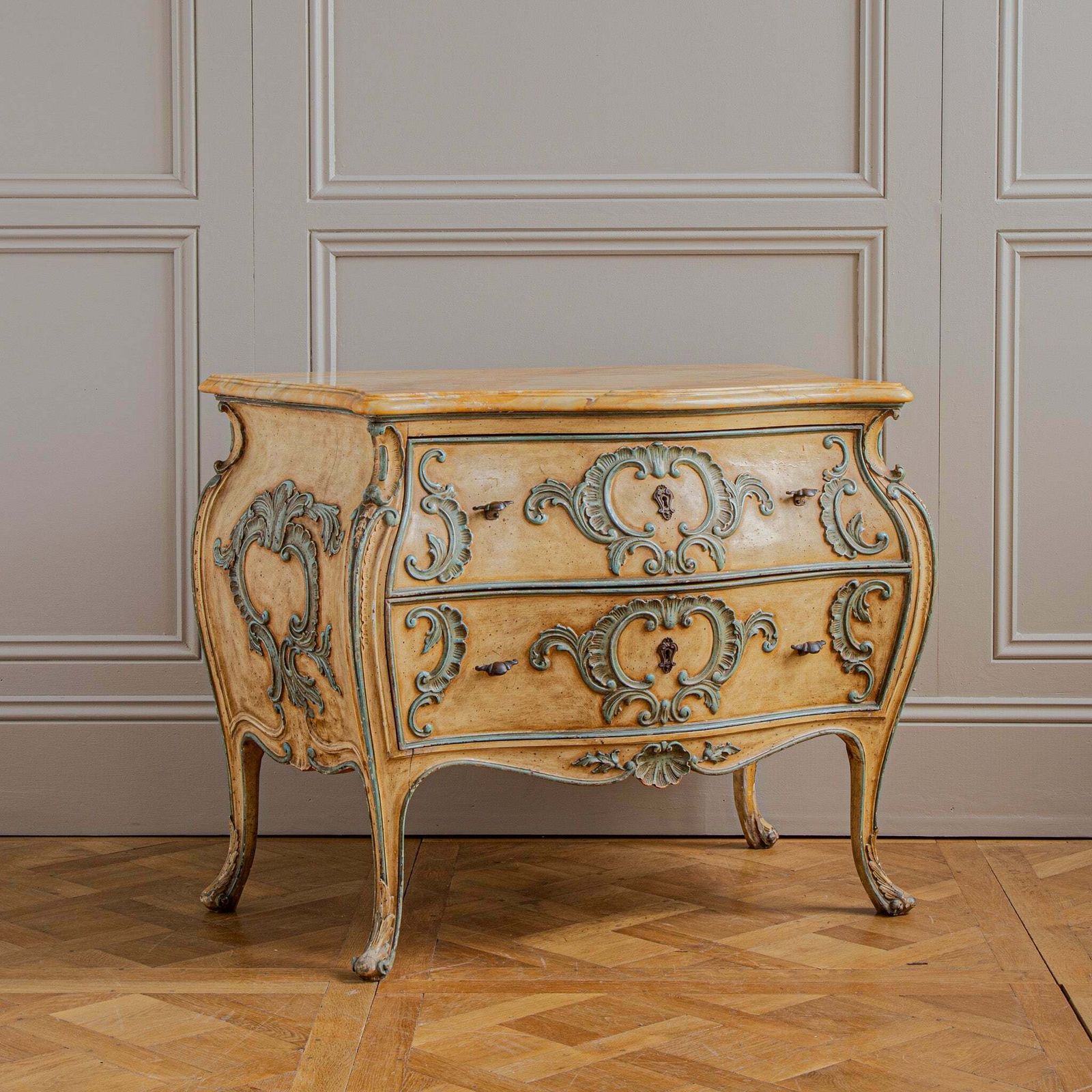 Italian Hand Painted Louis XV Style Bombe Chest, Circa Mid 1900's