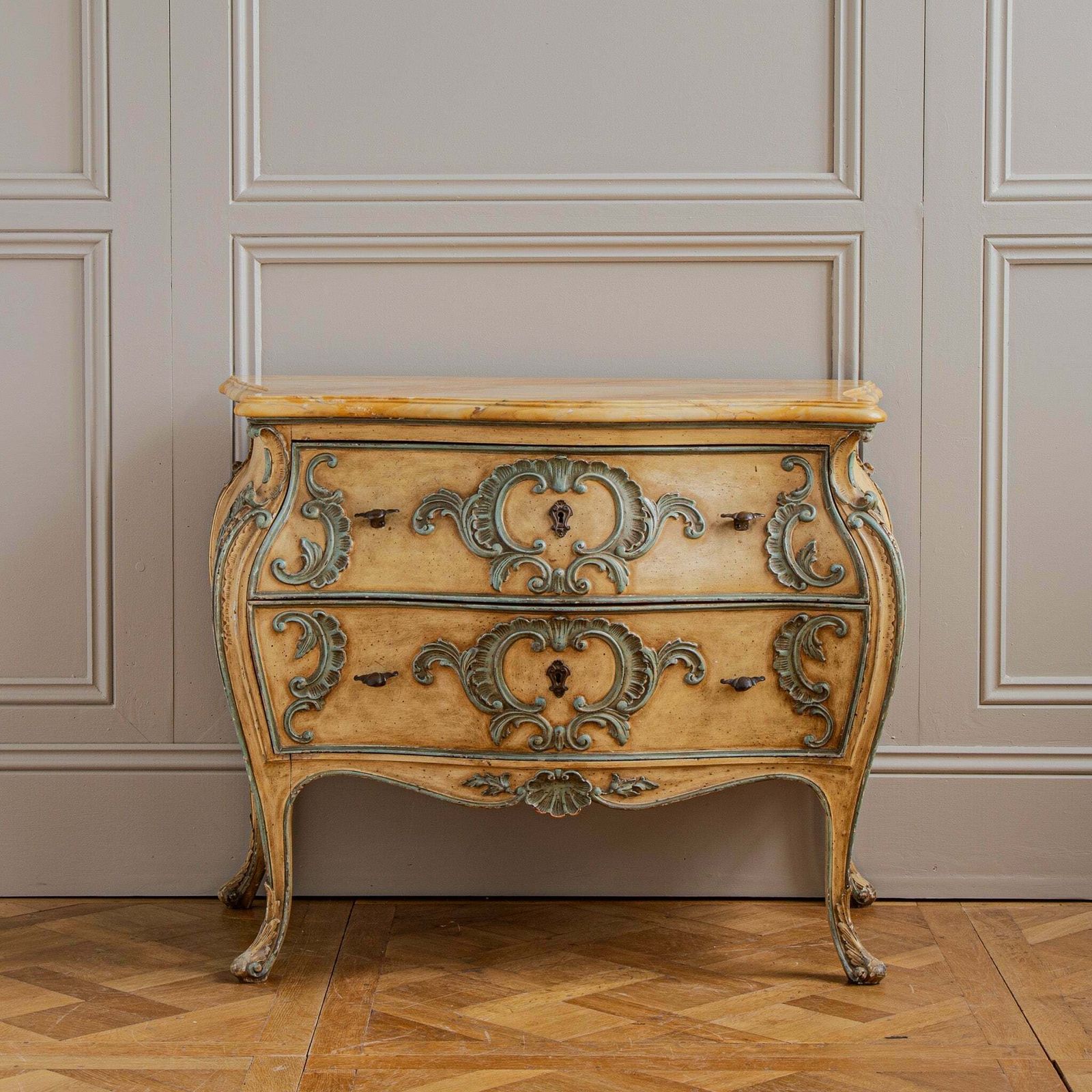 Italian Hand Painted Louis XV Style Bombe Chest, Circa Mid 1900's photo for sale