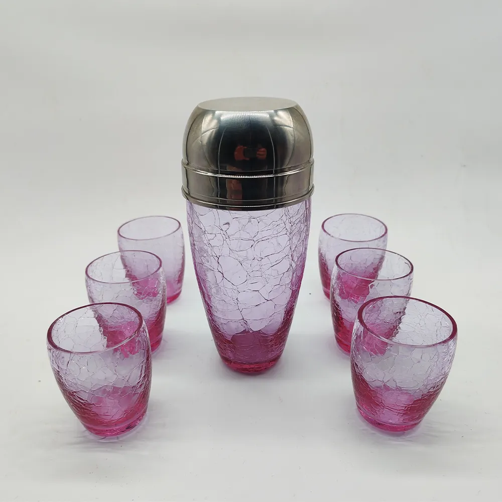 Stunning Set With Conctail Shaker And 6 Glasses In Pink Cracle Glass   1960s photo Home Decor