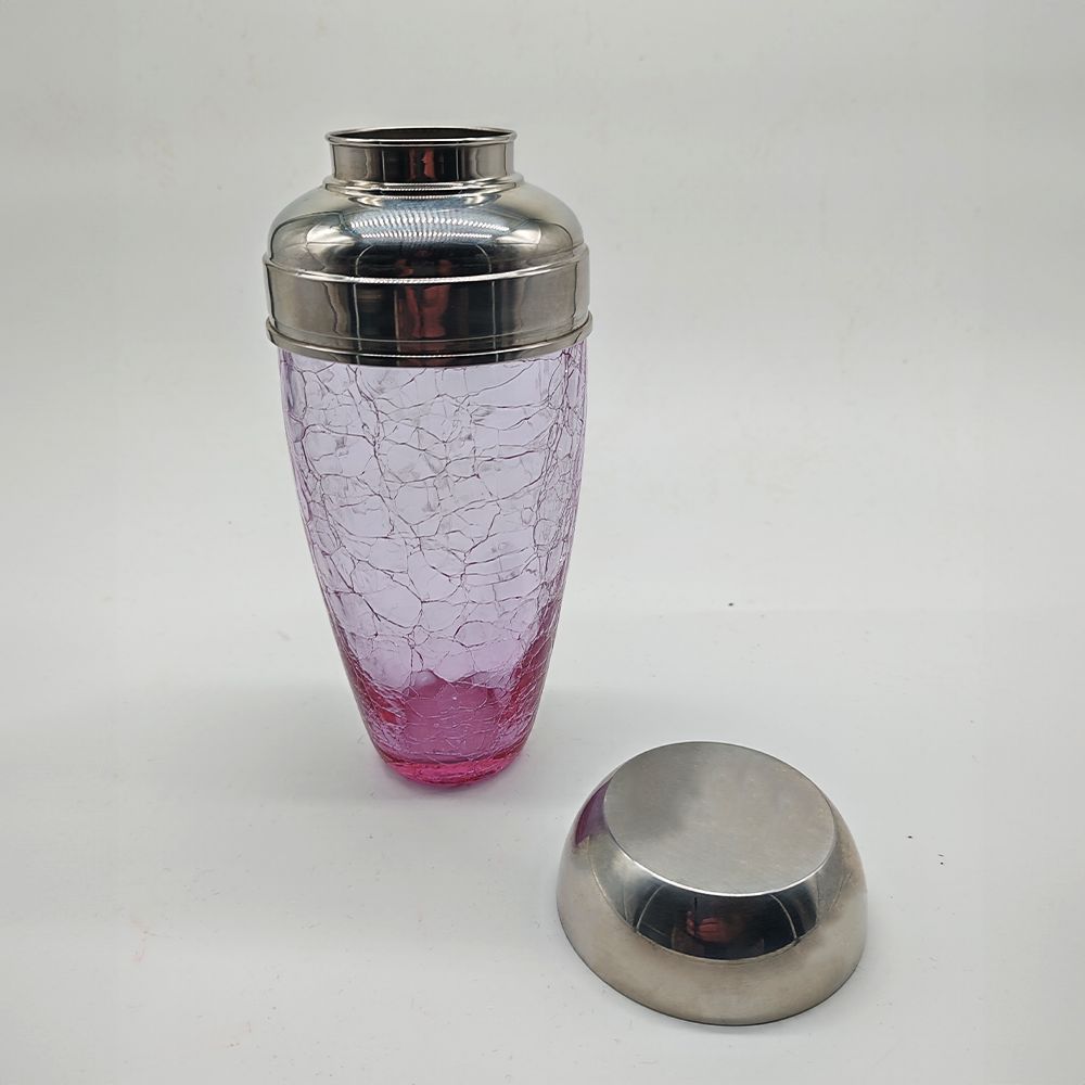 Stunning Set With Conctail Shaker And 6 Glasses In Pink Cracle Glass   1960s photo vinterior