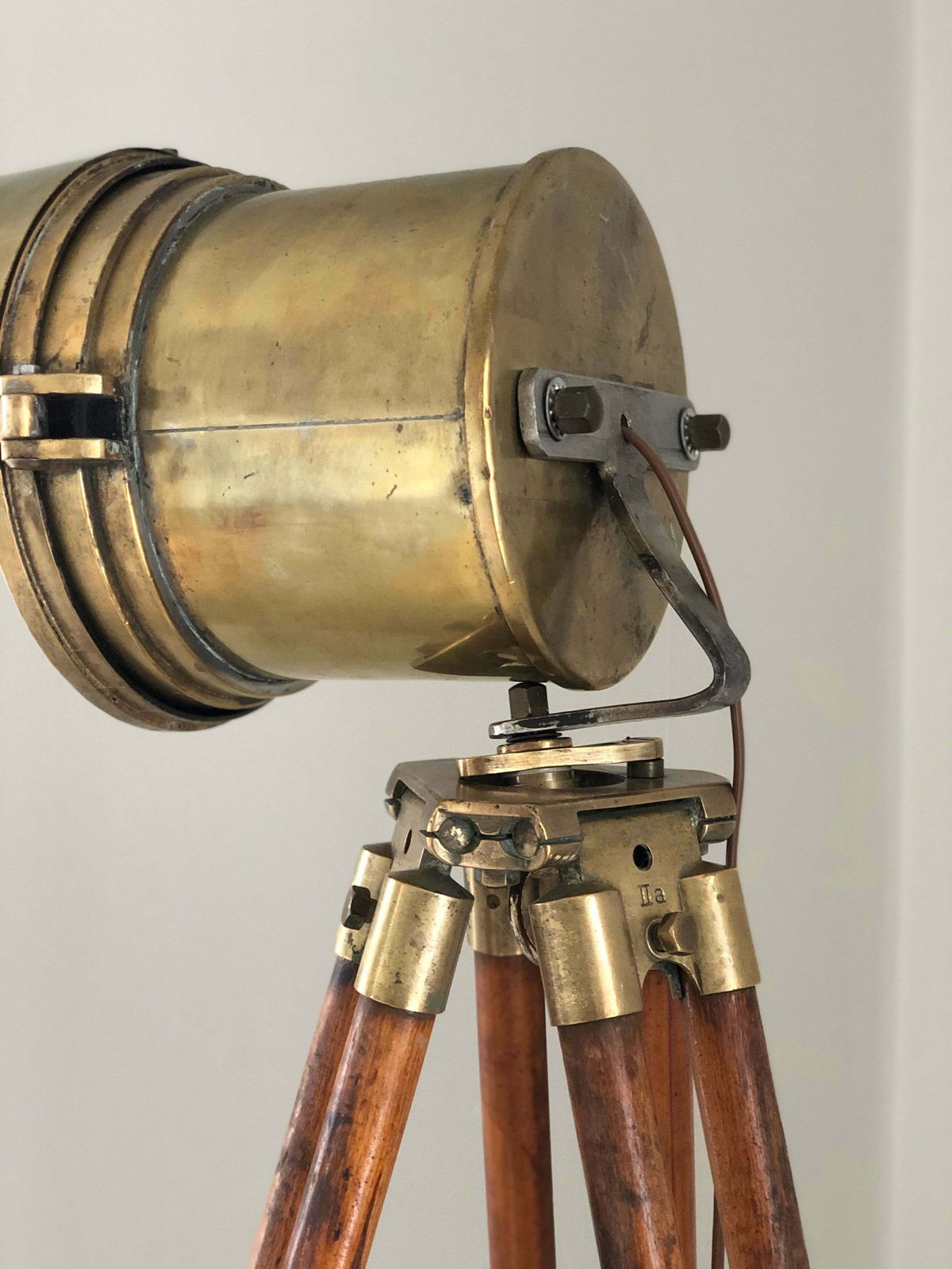 Antique Industrial Brass Floor Lamp On Tripod Surveyor Base 1920s photo for sale