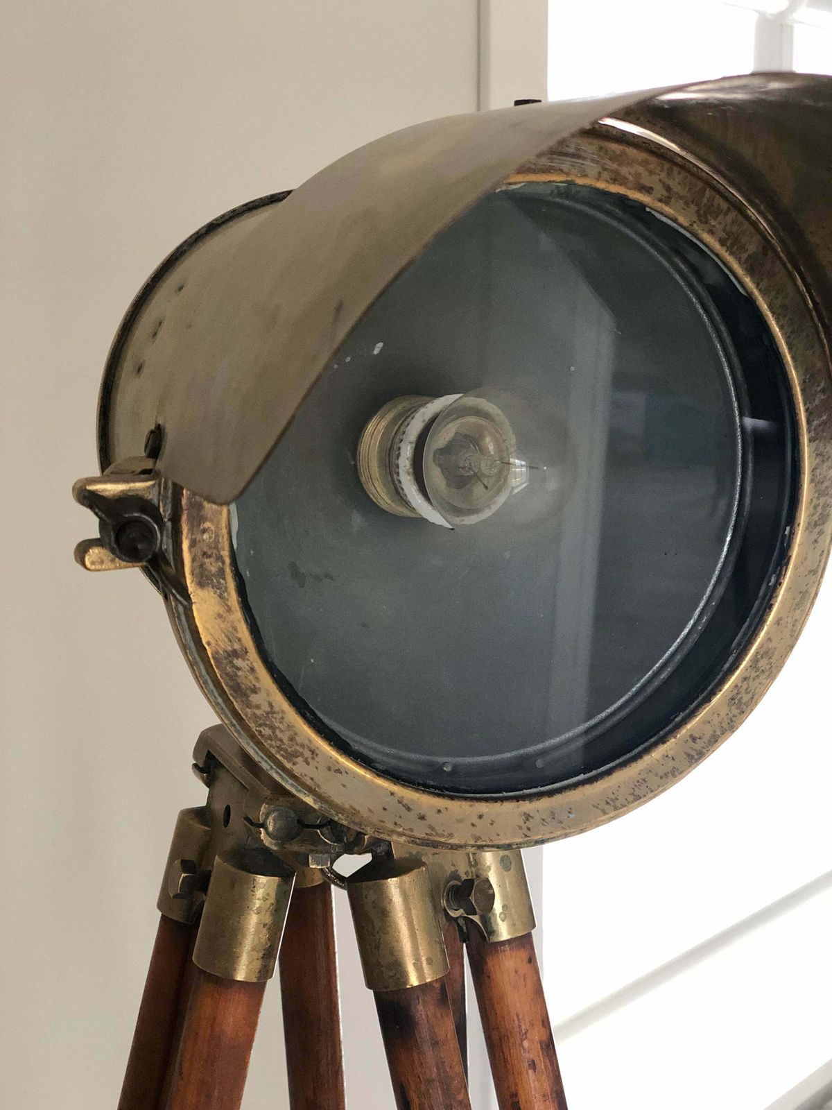 Antique Industrial Brass Floor Lamp On Tripod Surveyor Base 1920s photo vintage