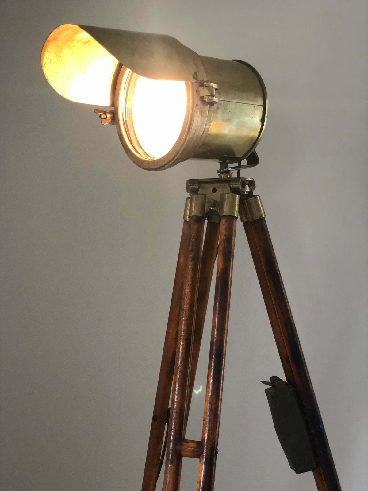 photo furniture Antique Industrial Brass Floor Lamp On Tripod Surveyor Base 1920s