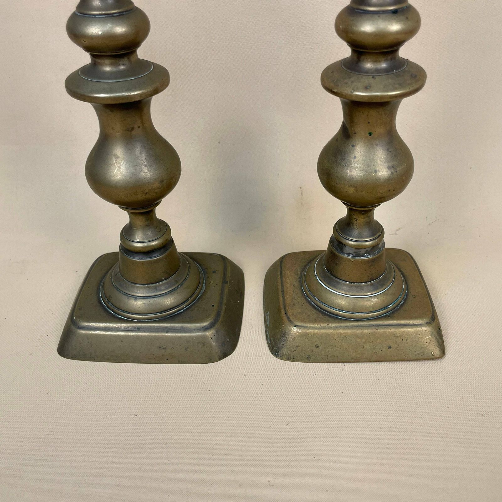 Antique Matching Pair Of Gold Brass Metal Candlestick Candle Stick Vintage Column Taper Dinner Candlesticks Twisted Twist Round Base photo vintage