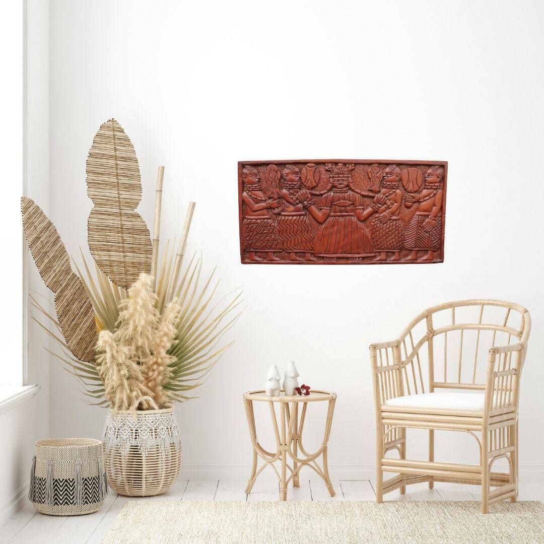 Large Solid Carved Teak Wood African Panel Depicting African Queen And Subdits, African Tribal Wall Art, Mid Century African Panel photo for sale