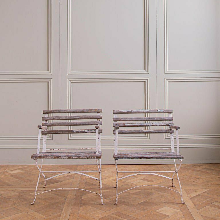 Set Of 4 French Wood Slatted Garden Armchairs With Metal Frame photo for sale
