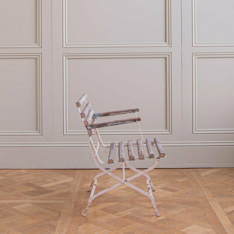 Furniture Set Of 4 French Wood Slatted Garden Armchairs With Metal Frame photo