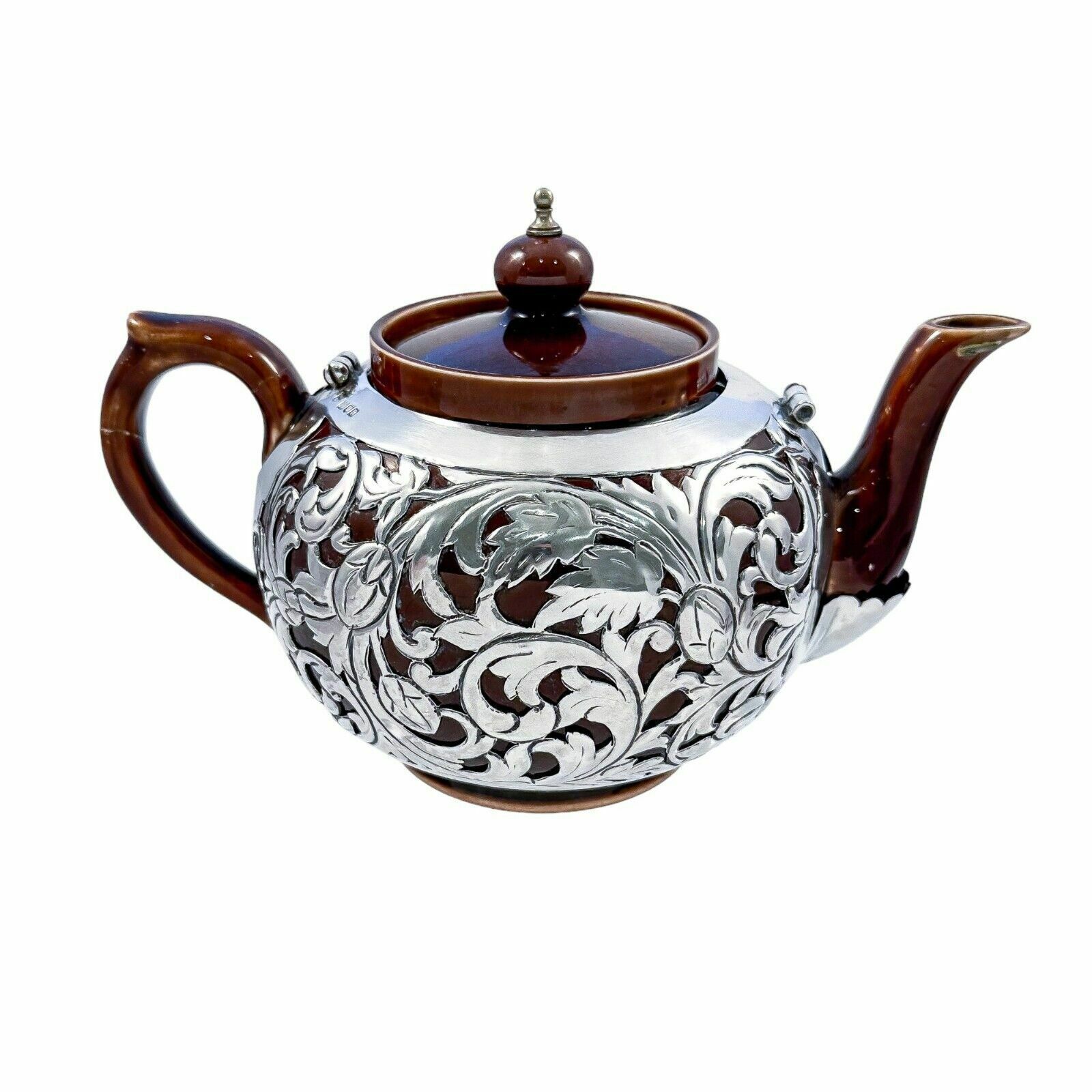 Antique Art Nouveau Lenox Brown Teapot, Stand, Creamer; Sterling Silver Overlay photo Home Decor