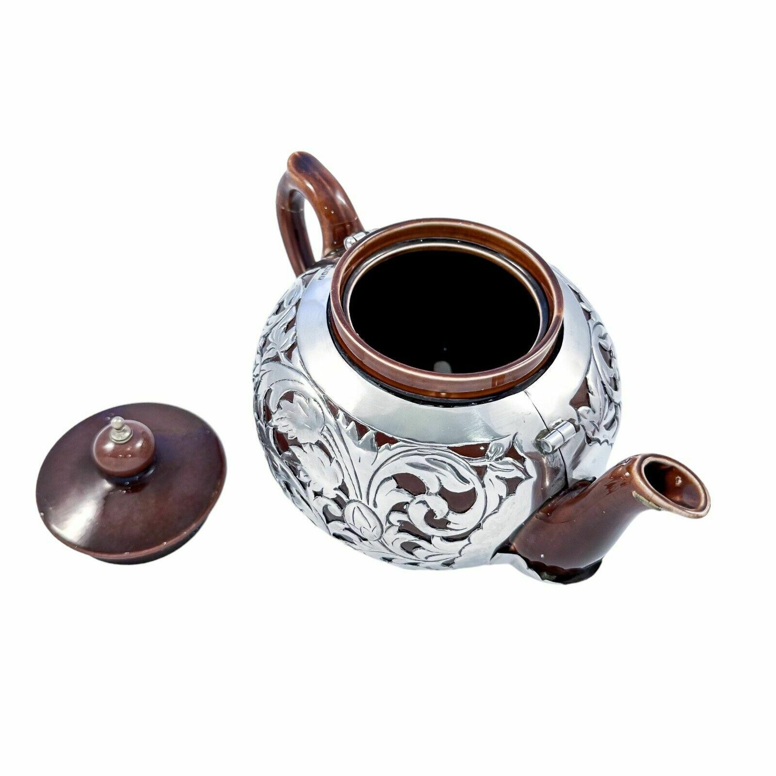 Antique Art Nouveau Lenox Brown Teapot, Stand, Creamer; Sterling Silver Overlay photo vinterior