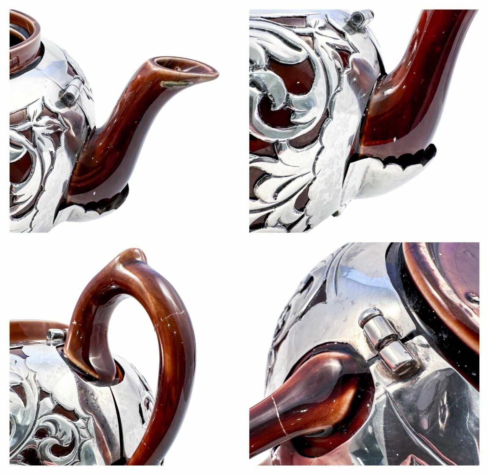 photo furniture Antique Art Nouveau Lenox Brown Teapot, Stand, Creamer; Sterling Silver Overlay