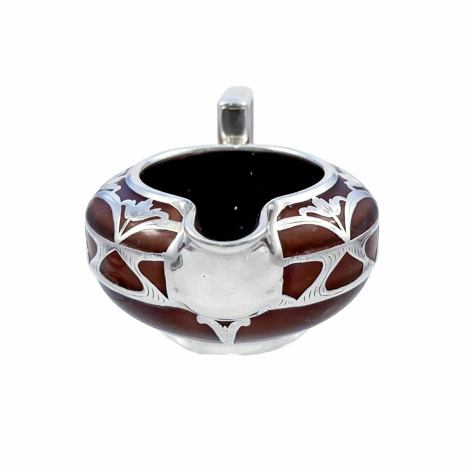 395.0 Antique Art Nouveau Lenox Brown Teapot, Stand, Creamer; Sterling Silver Overlay photo