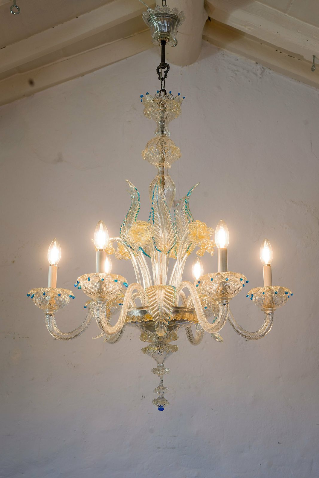 Murano Chandelier In Blown Glass, 6 Lights, Italy 40s, 50s photo vinterior