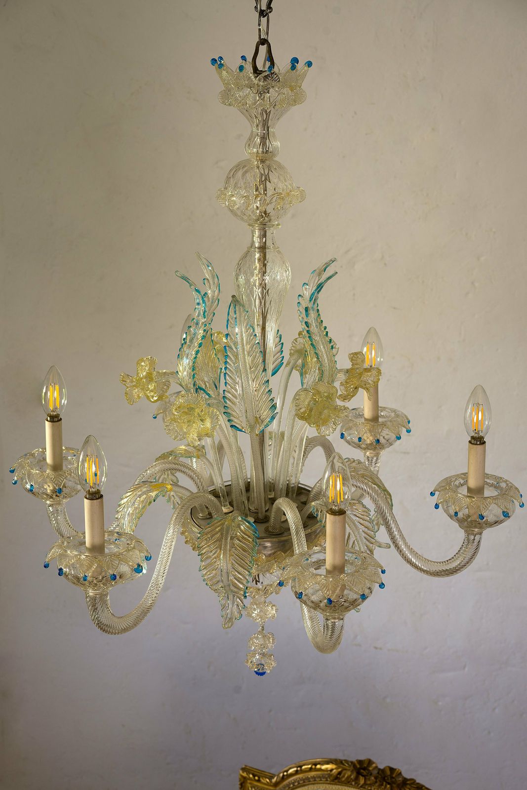 photo for sale Murano Chandelier In Blown Glass, 6 Lights, Italy 40s, 50s