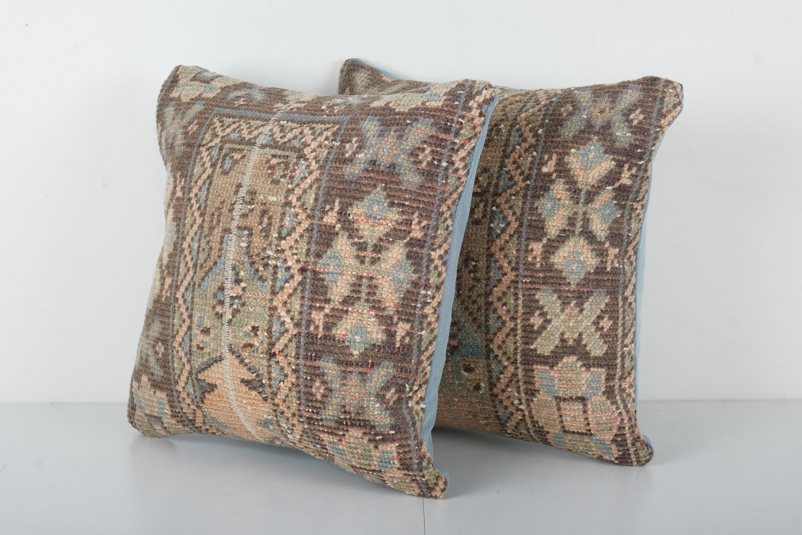 Set Of Two Oushak Carpet Pillow Cover, Pair Anatolian Square Rug Pillow, Vintage Designer Pillow photo Textiles