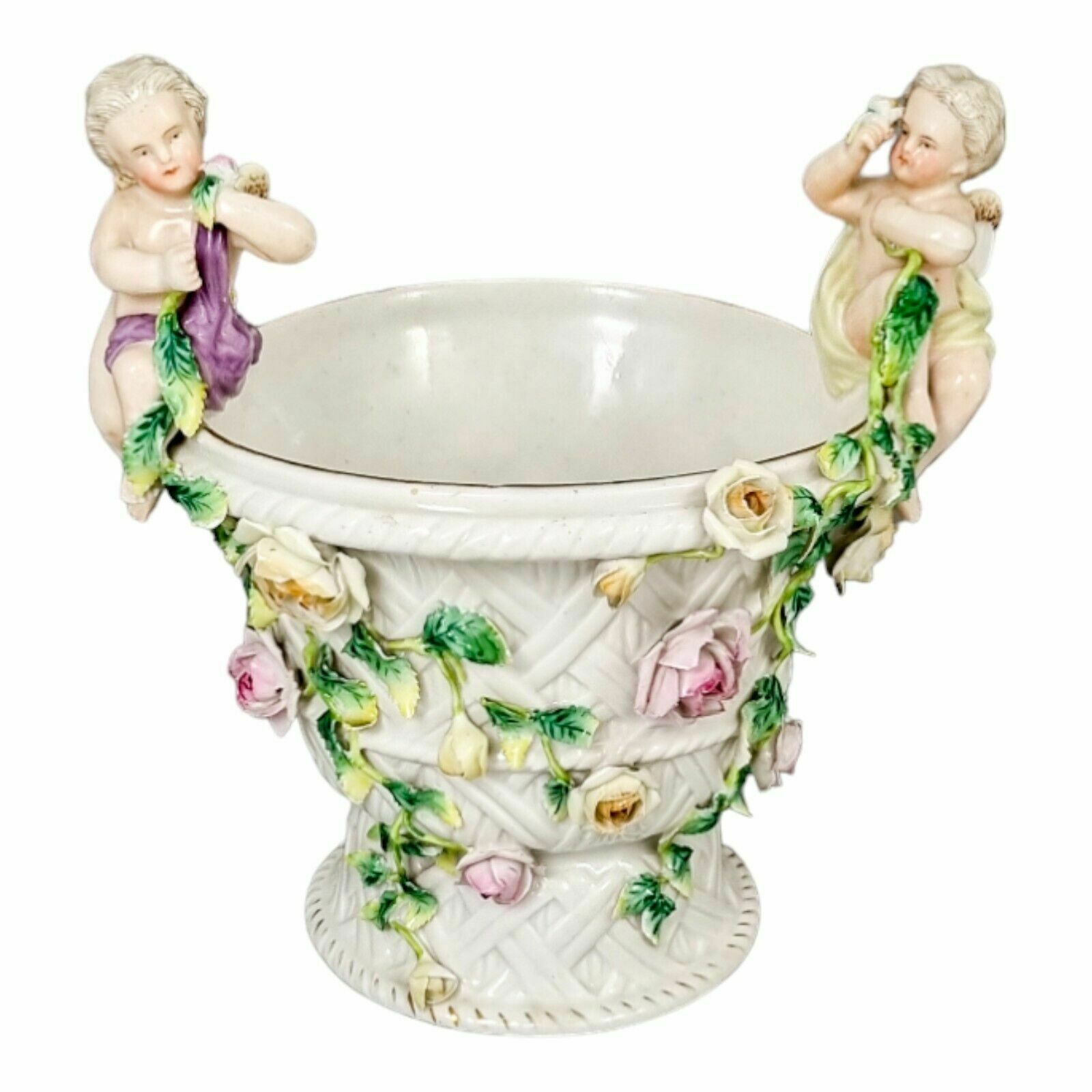19th Century German Porcelain Basket Weave Vase With Rose Garlands And Cherubs photo buy