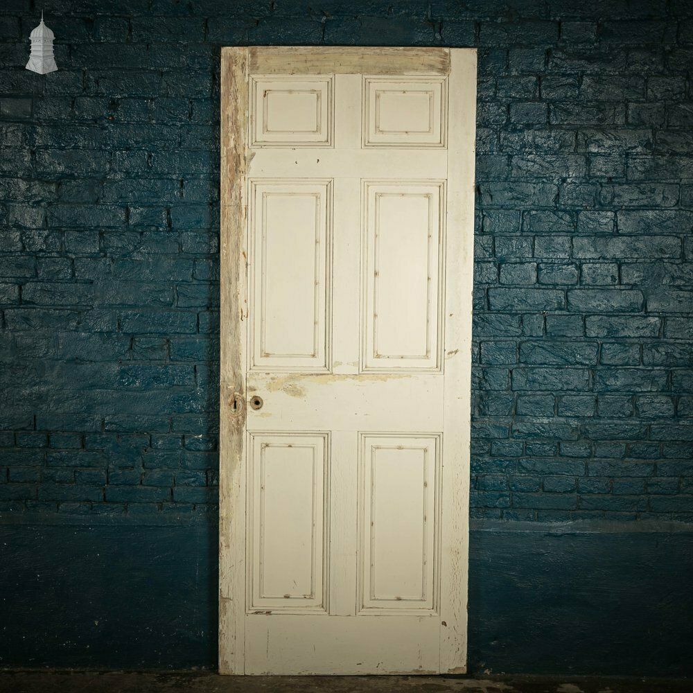 Pine Paneled Door, 6 Moulded Panel White Painted Missing Moulding