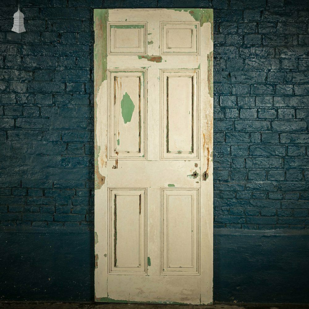 Pine Paneled Door, 6 Moulded Panel White Painted Missing Moulding photo vintage