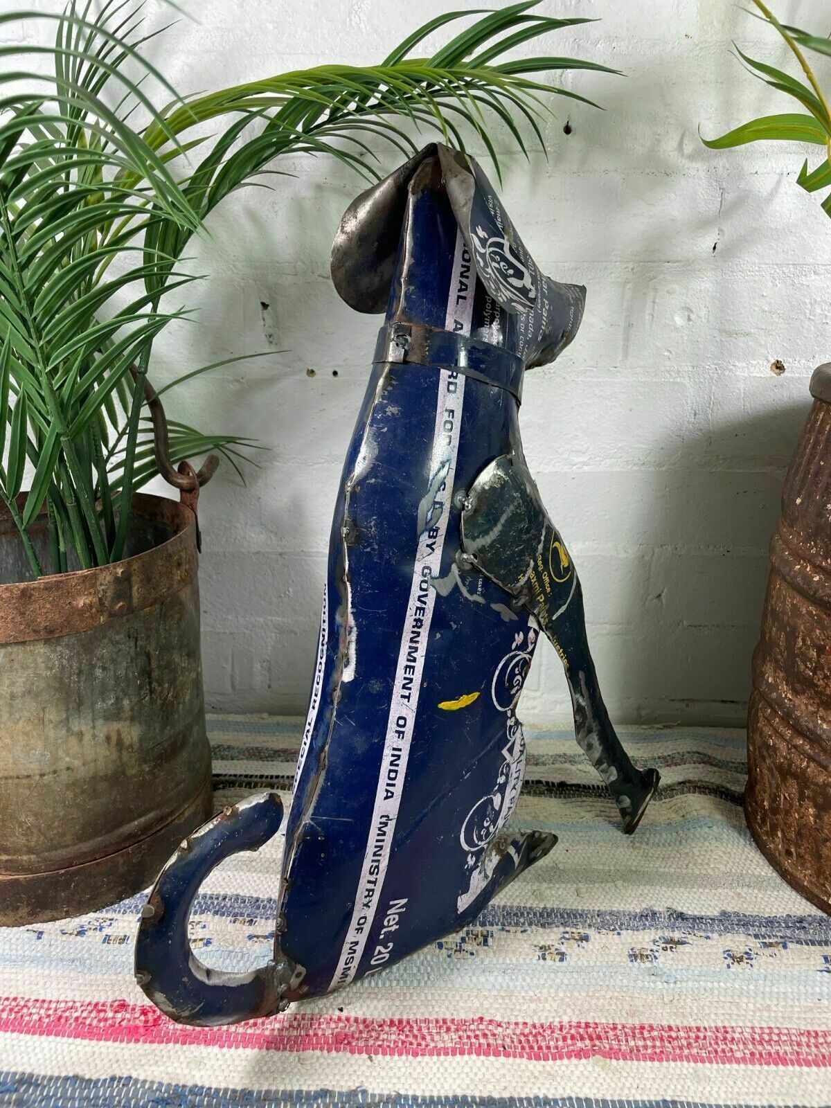 Hand Made Reclaimed Recycled Metal Oil Drum Paint Tin Dog Sculpture Garden photo Garden Decor