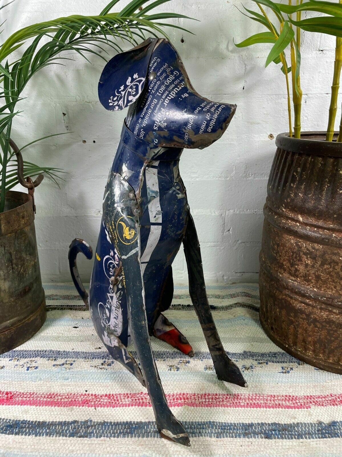Hand Made Reclaimed Recycled Metal Oil Drum Paint Tin Dog Sculpture Garden photo vinterior