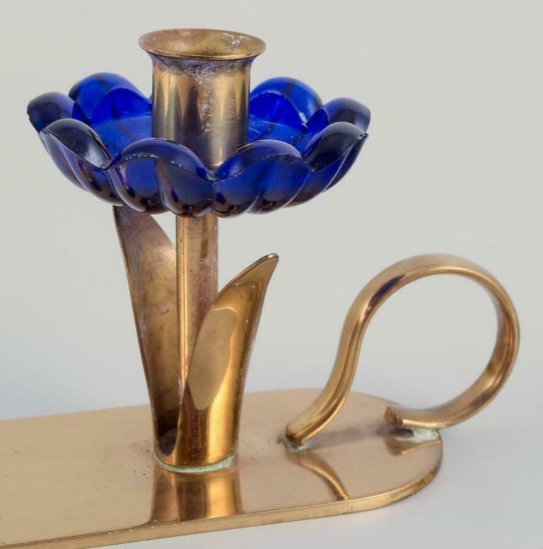 Gunnar Ander For Ystad Metall. Candlestick Holder In Brass And Blue Art Glass photo Home Decor