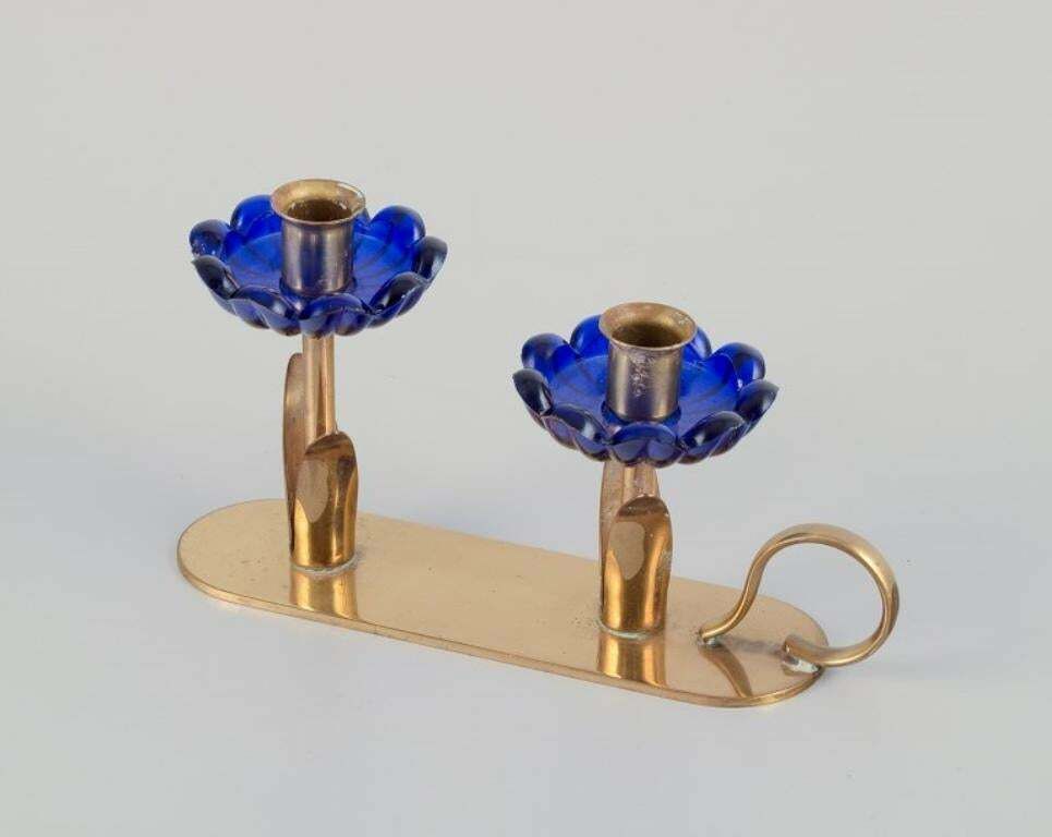 Gunnar Ander For Ystad Metall. Candlestick Holder In Brass And Blue Art Glass photo vintage