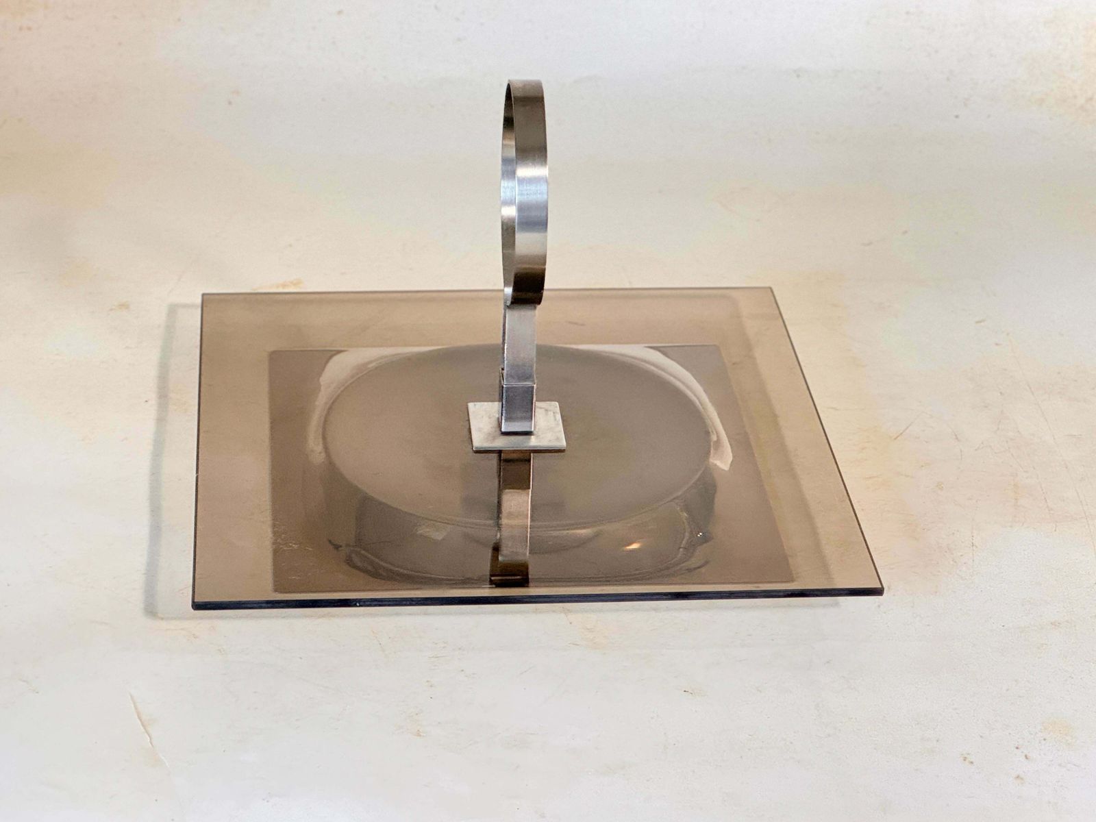 photo furniture Cheese Or Serving Tray In Inox And Glass France 1970s Smoked And Silver Color