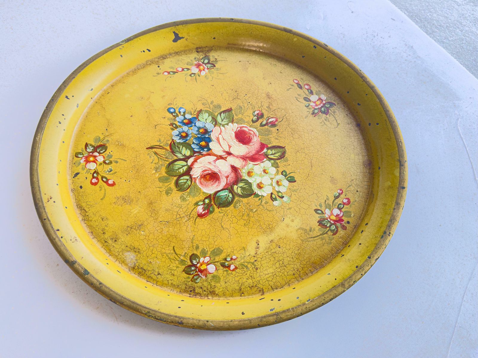 Platter Or Tray Metal Painted France 1970s Yellow Color With Flowers photo for sale
