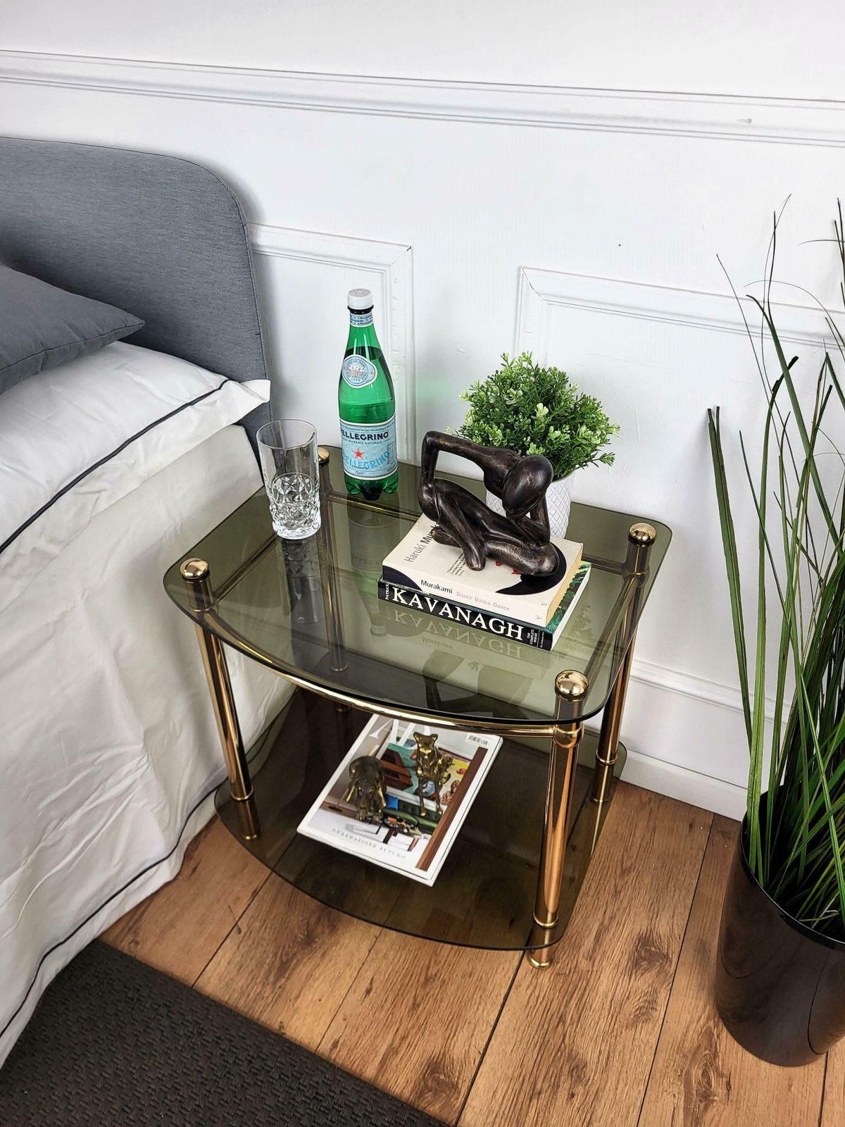 1980s Italian Hollywood Regency Style Brass And Glass Two Shelves Side Tables photo for sale