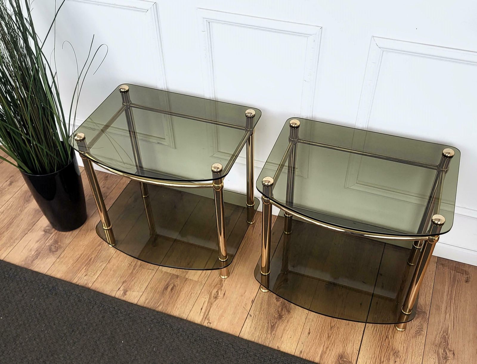 1980s Italian Hollywood Regency Style Brass And Glass Two Shelves Side Tables photo 1311.0