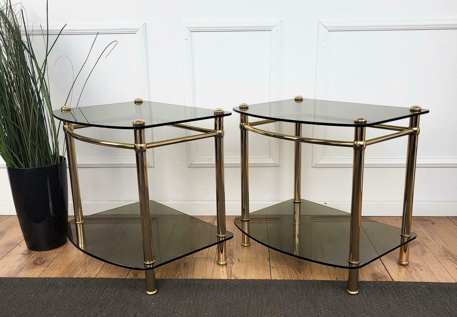 1980s Italian Hollywood Regency Style Brass And Glass Two Shelves Side Tables photo vinterior