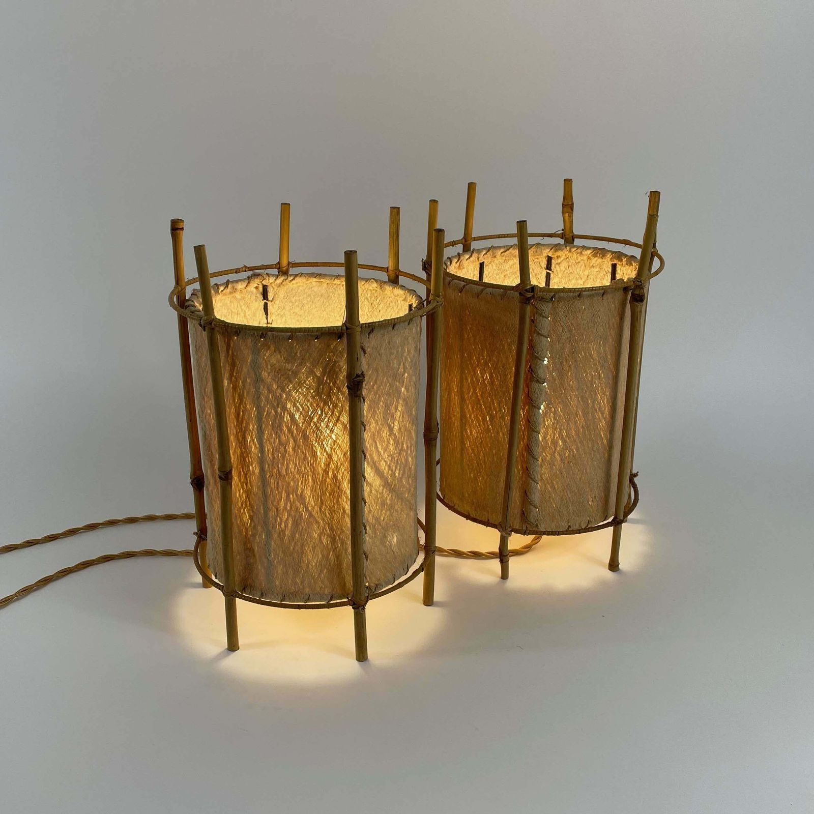 photo vintage Louis Sognot Bamboo & Parchment Table Lamps, France 1950s