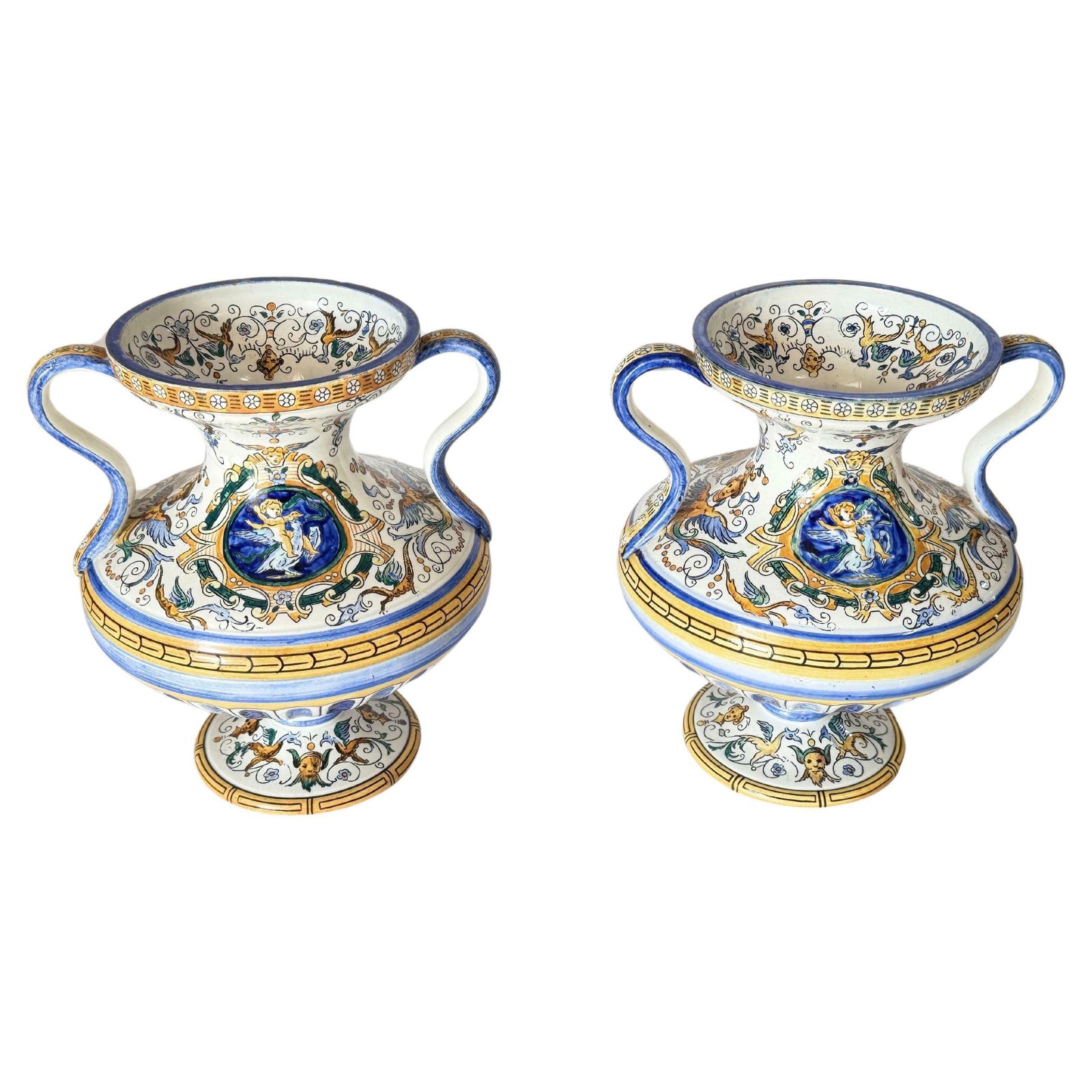 19th Century French Hand Painted Faience Vases Signed Set Of 2