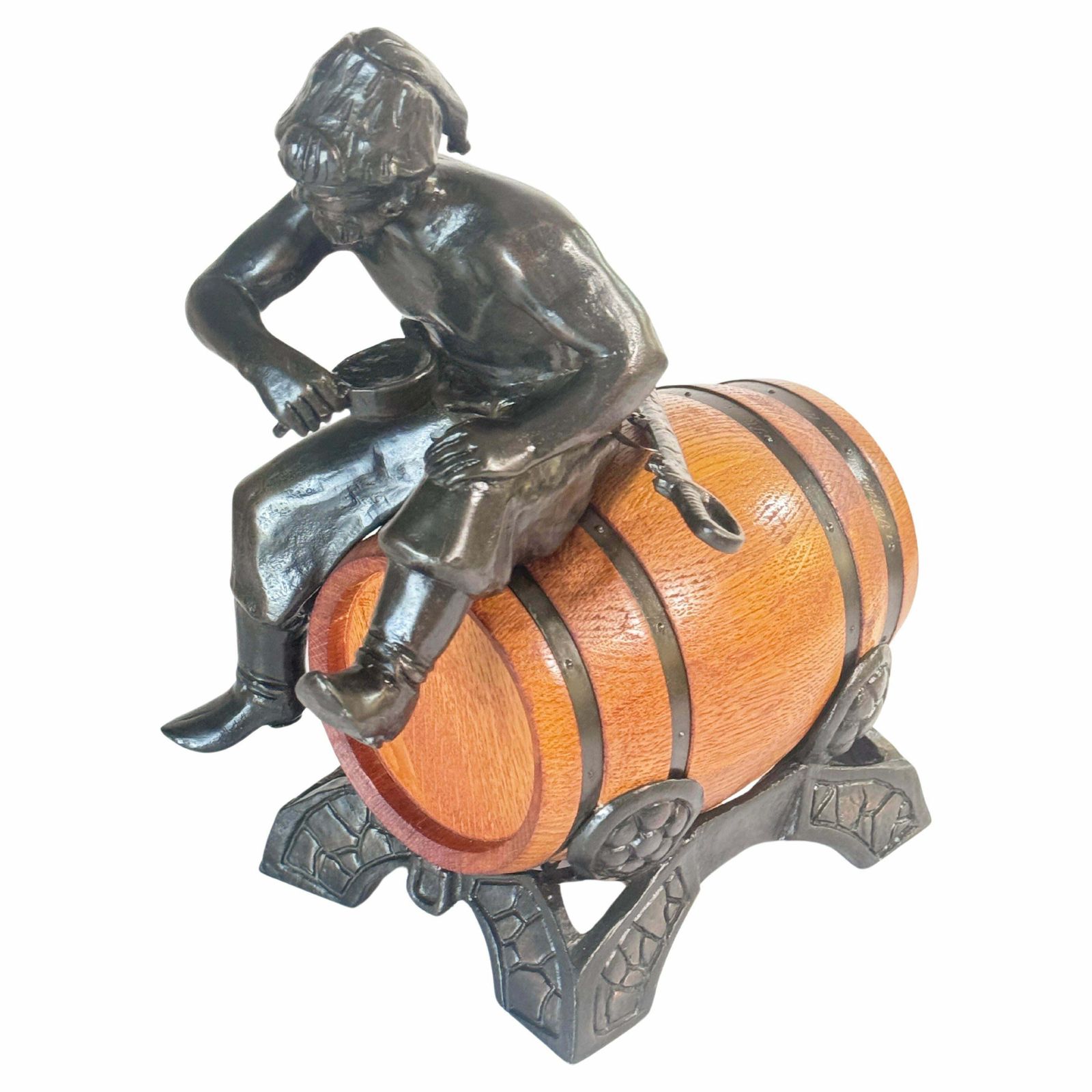 Oak And Brass Sailor’s Rum Barrel With Bronze Sculpture Of A Russian Cossack