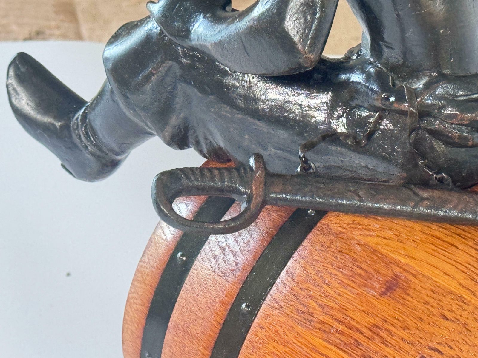 Oak And Brass Sailor’s Rum Barrel With Bronze Sculpture Of A Russian Cossack photo buy