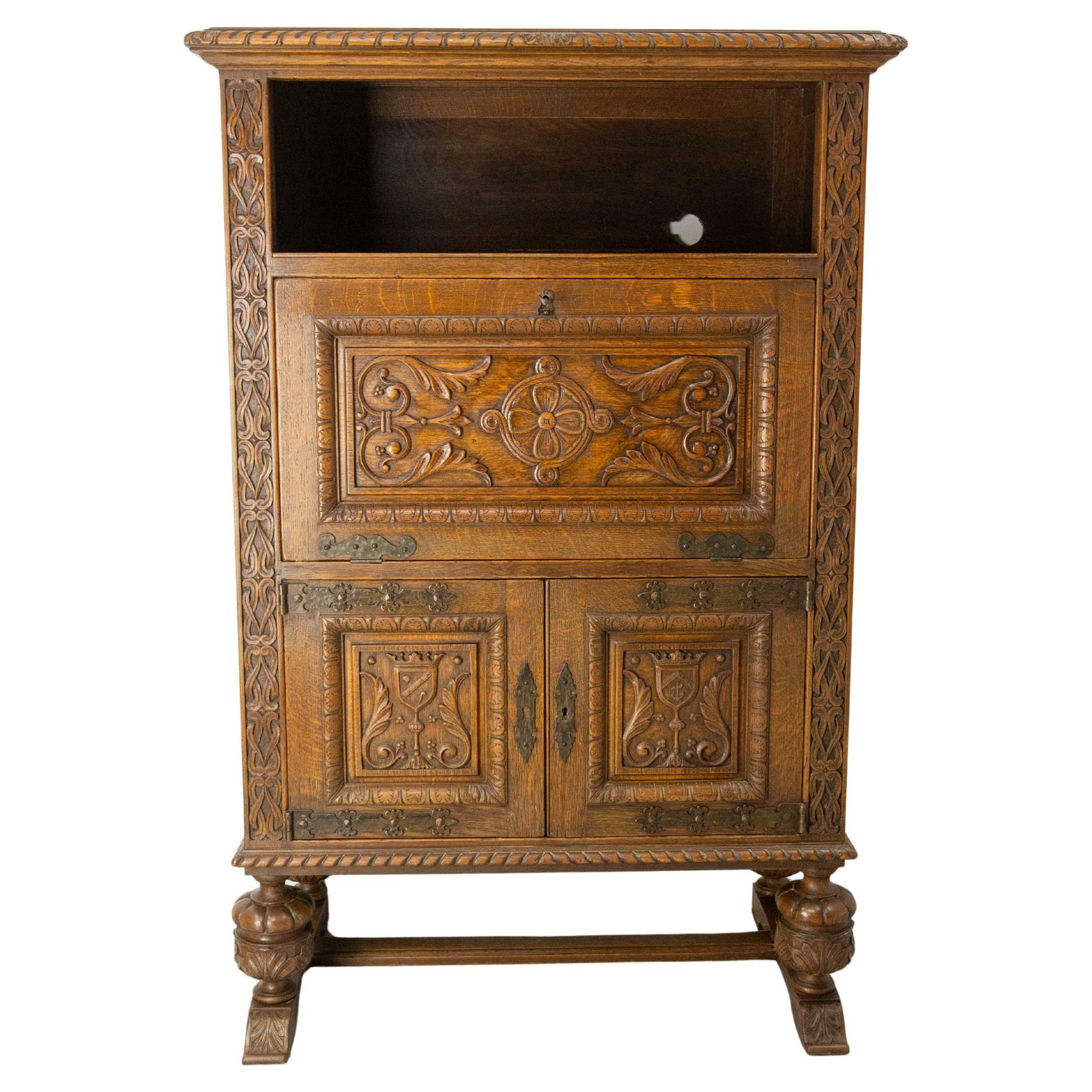 20th Mid Century Spanish Buffet Secretaire, Escritoire Cabinet Oak