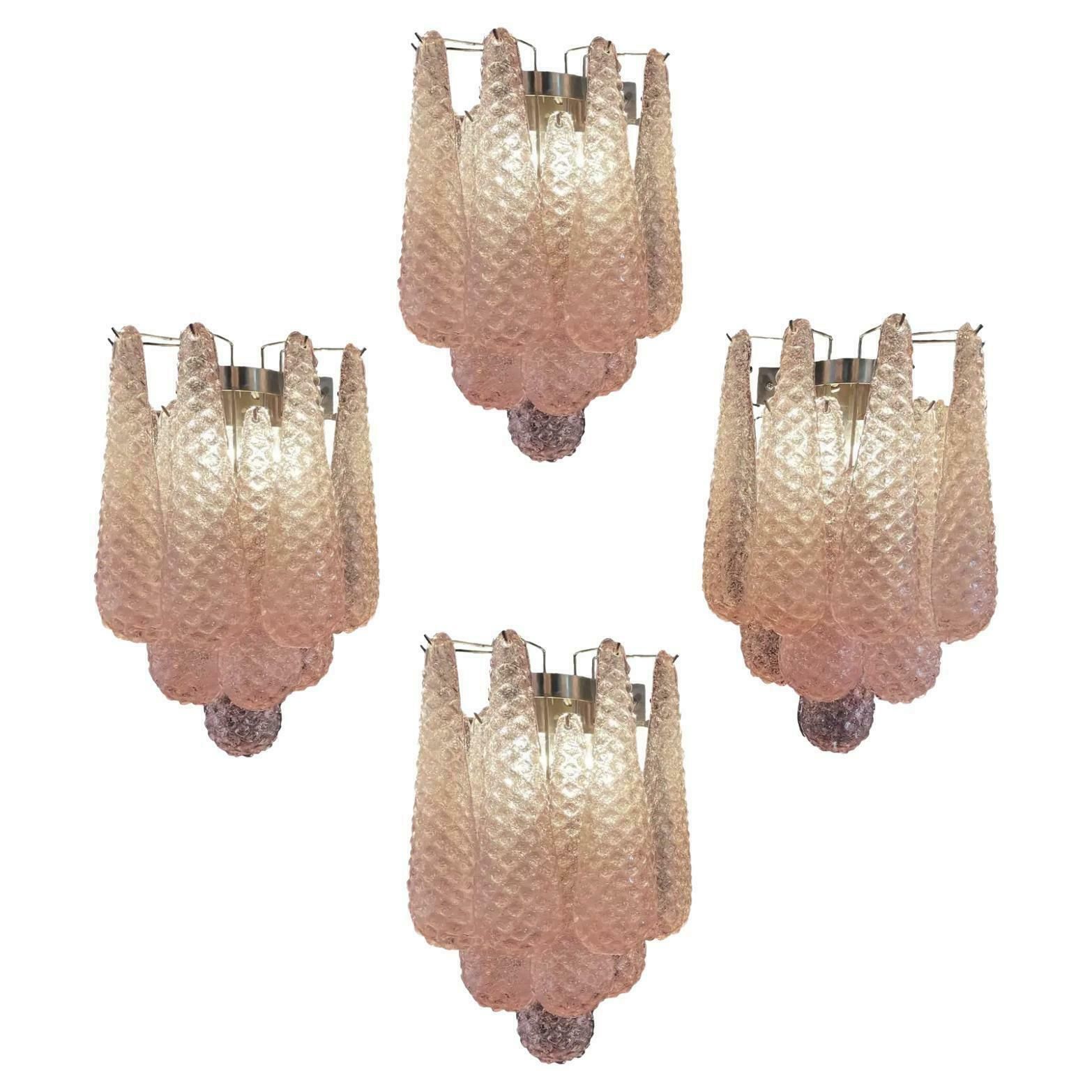 Set Four Of Vintage Pink Glass Petals Drop Wall Sconce, Murano