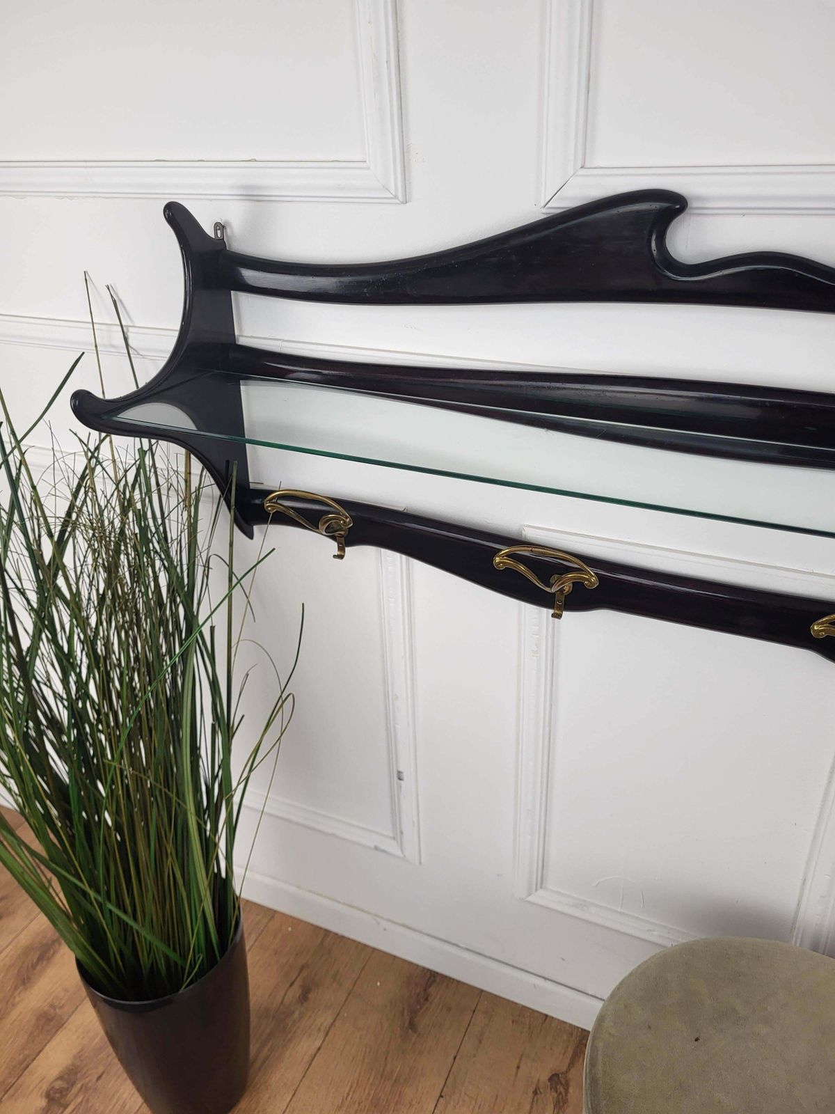 1960s Italian Mid Century Carved Wood Glass Brass Chiavari Wall Coat Hanger Rack photo Furniture