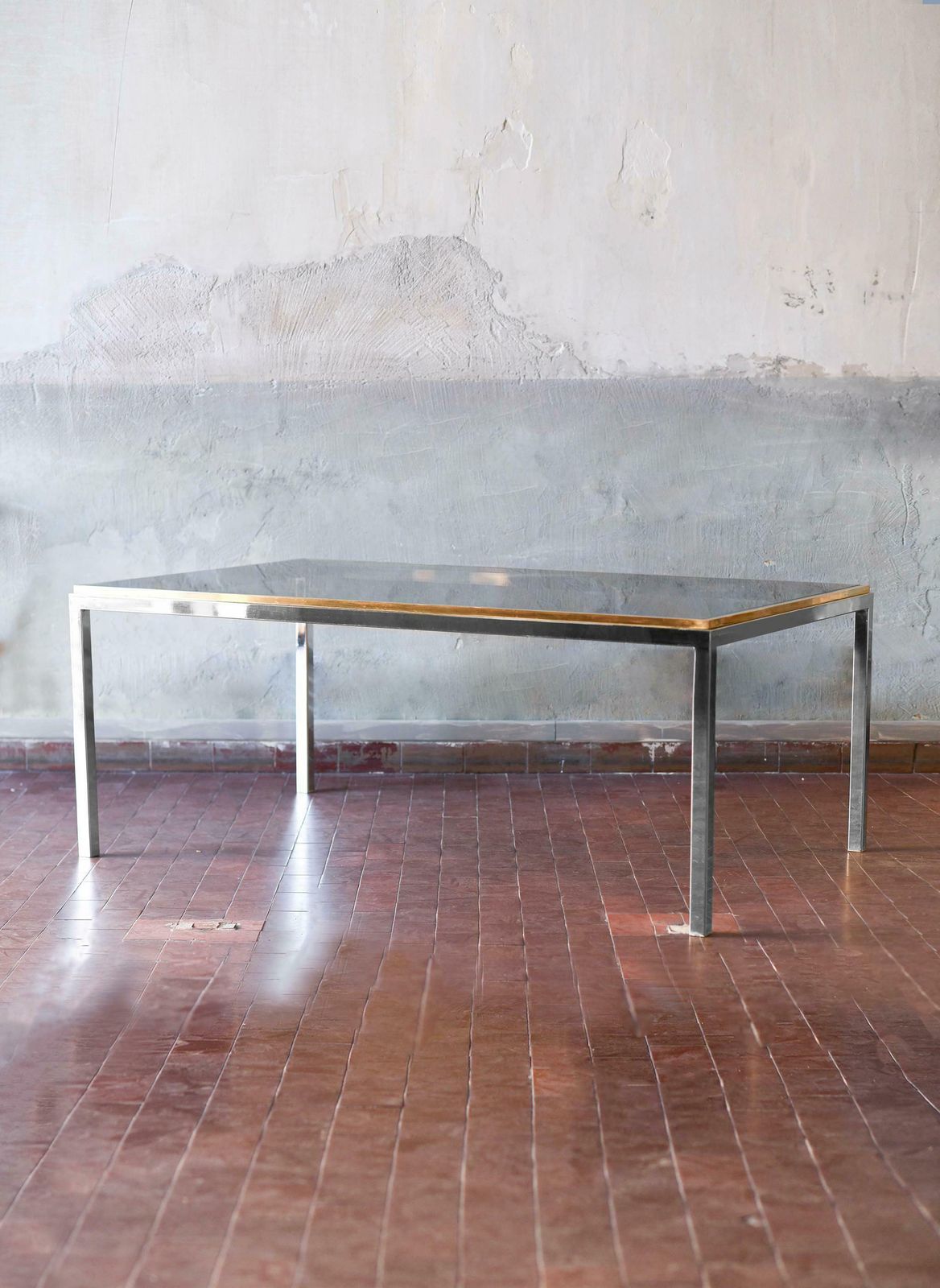 Coffee Table In Brass And Chromed Metal With Smoked Glass Shelves, Italy 1980 photo furniture