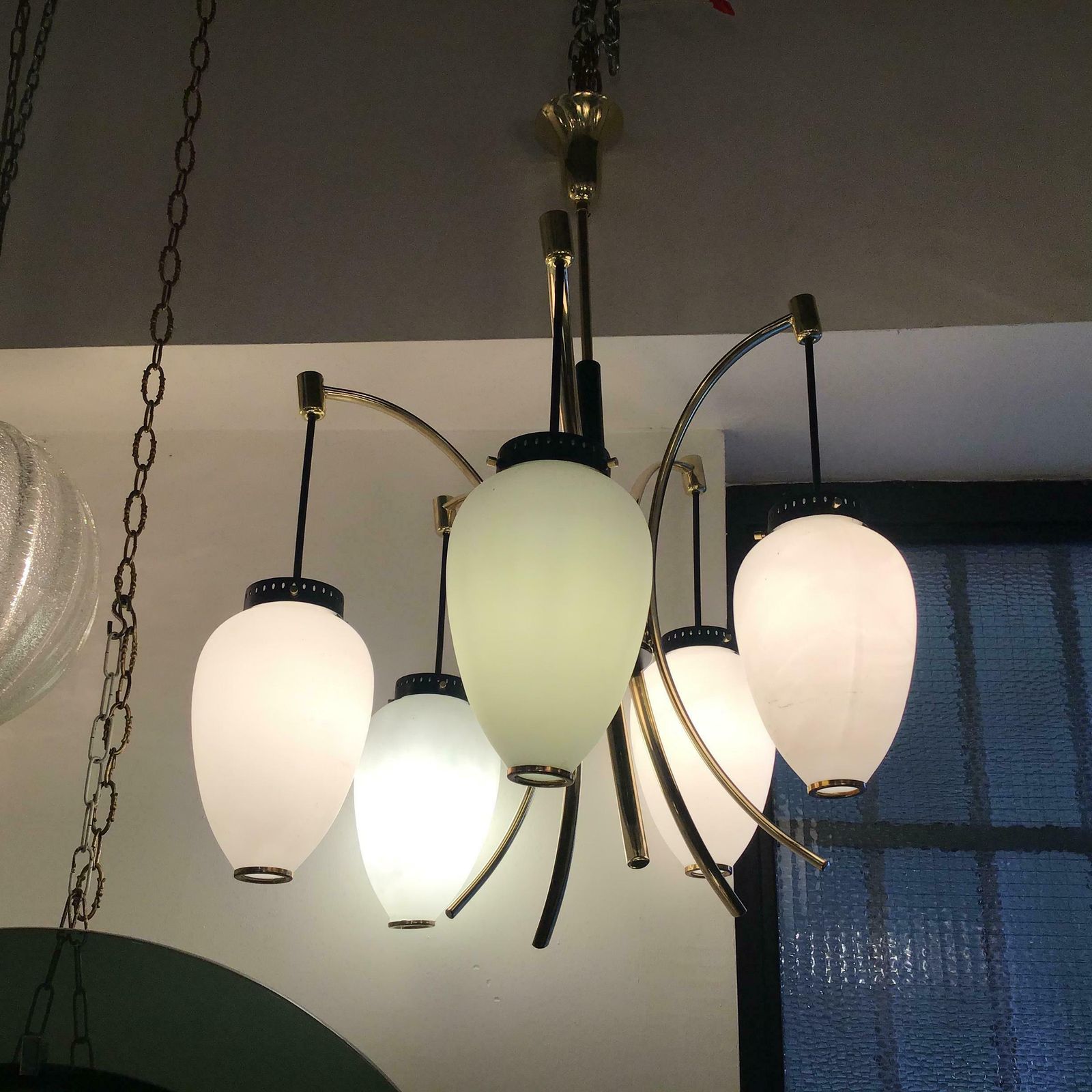 Stilnovo Chandelier Opaline Glass Brass Iron 1950 Italy photo buy