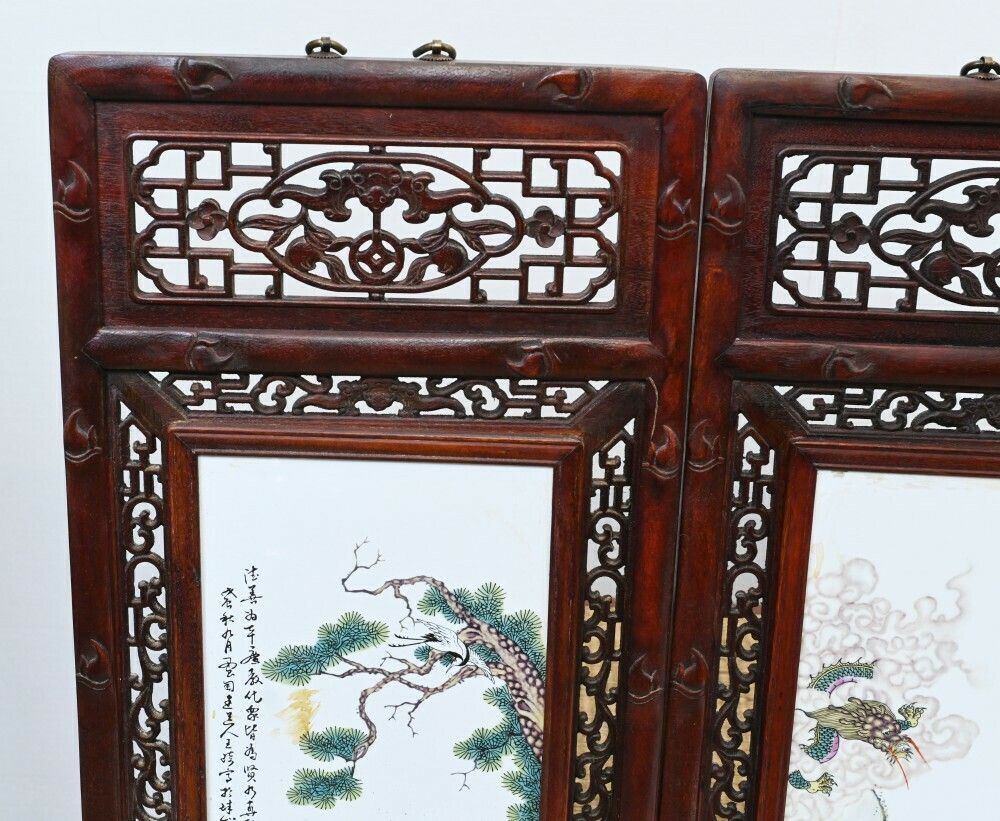 Set Chinese Porcelain Plaques Hand Painted Hardwood Frame 1930 photo for sale