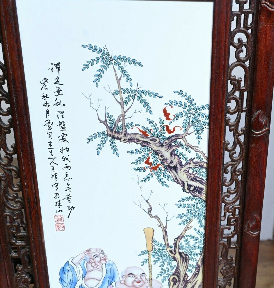 1150.0 Set Chinese Porcelain Plaques Hand Painted Hardwood Frame 1930 photo
